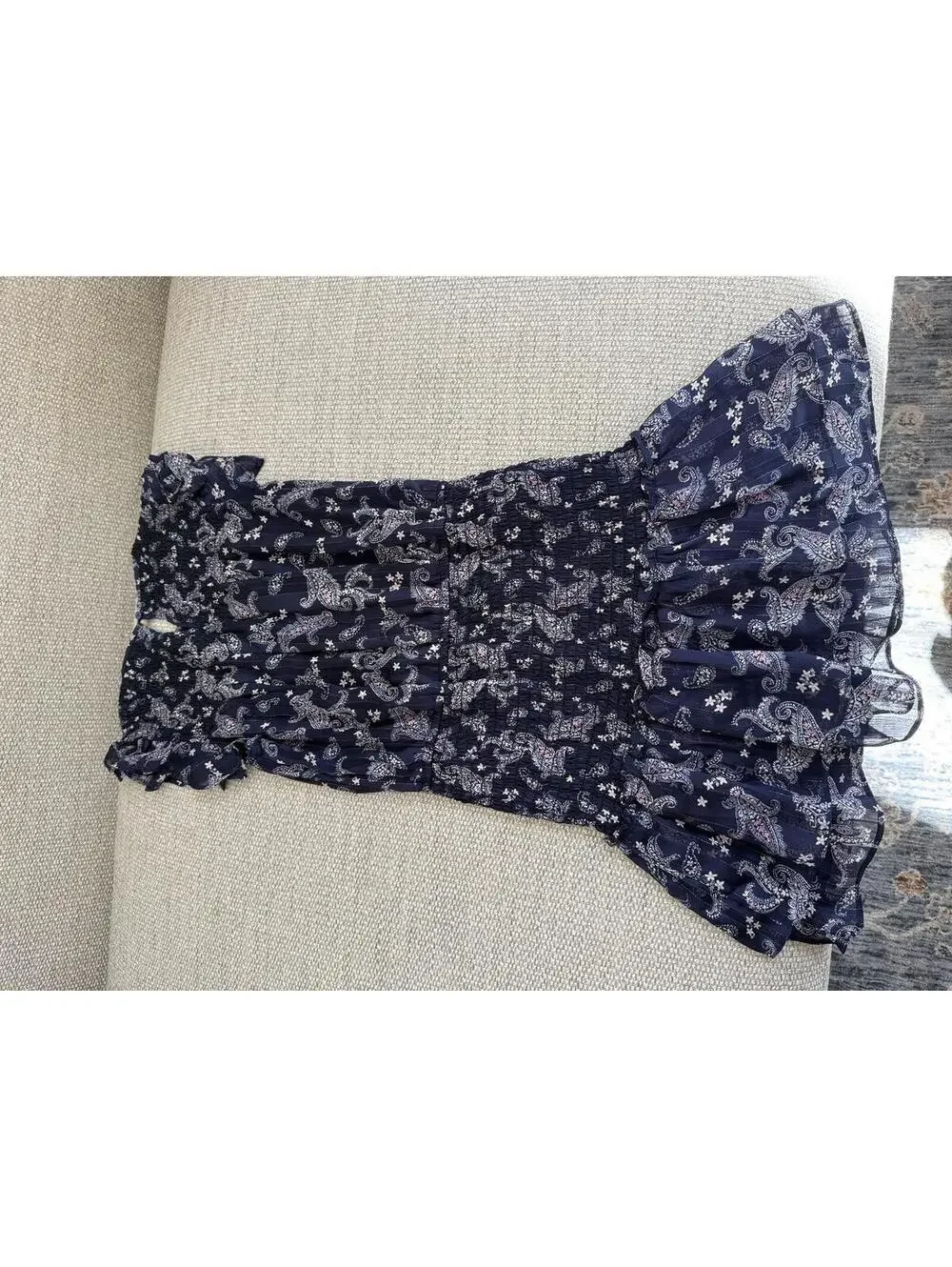 Aqua Girls Navy Paisley Smocked Dress Size Large Boho Flutter Sleeve Ruffle Hem